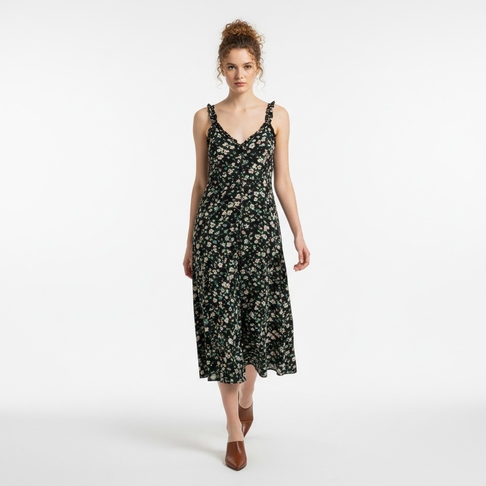 Billabong Floral Button Down Midi Dress Black Pink Green Ruffle Straps Small
